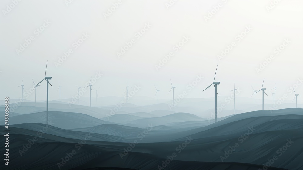 Wind turbines in a foggy landscape