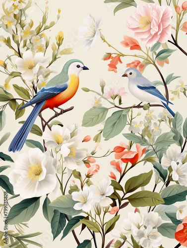 Country birds amidst flora, endless charm, flat pattern, white background ,  high resolution © Amina