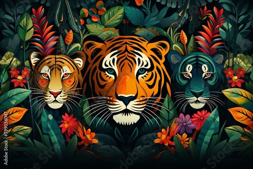 Jungle animals cavort, endless design, flat graphic, simple lines, solid color , pattern vectors and illustration