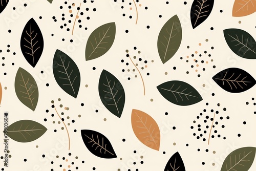 Leaf motif, rhythmic dots, endless charm, flat graphic, solid bg ,  seamless pattern
