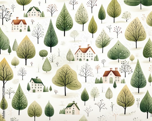 Nordic homes, forest intertwine, seamless print, flat style, white ground , cute hand drawn