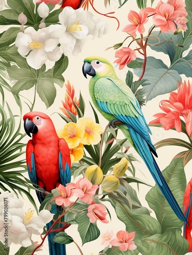 Parrot party, botanical mix, repeating flat pattern, white bg ,  high resolution © Amina