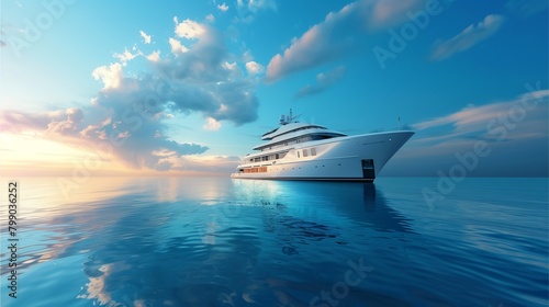Cruise ship sails through the vast ocean under the luxurious sky, transporting passengers on a sunny holiday, surrounded by clouds