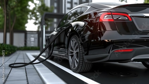 Powering up an electric vehicle with a power supply. Concept Electric Vehicles, Power Supply, Charging Infrastructure, Sustainable Transportation, Clean Energy © Ян Заболотний
