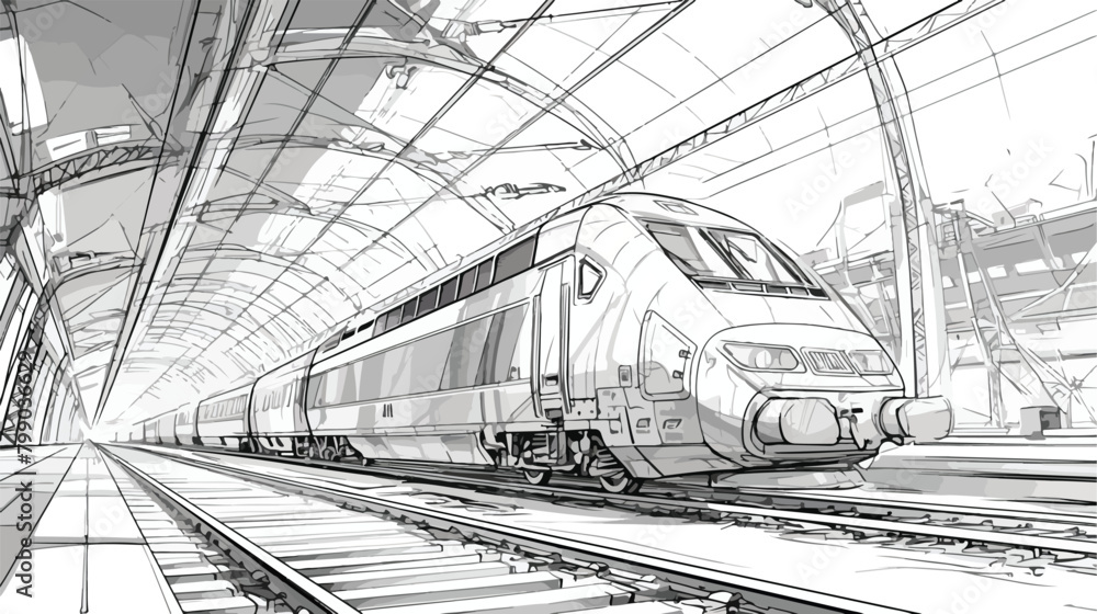Monochrome sketch with railway station. Black and w