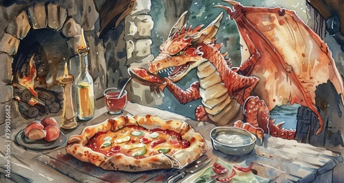 A joke among knights What do you get when a dragon tries to cook A pizza thats extra crispy, shown in charming watercolor tones photo