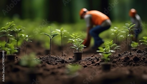 Miniature people planting trees and restoring a miniature forest