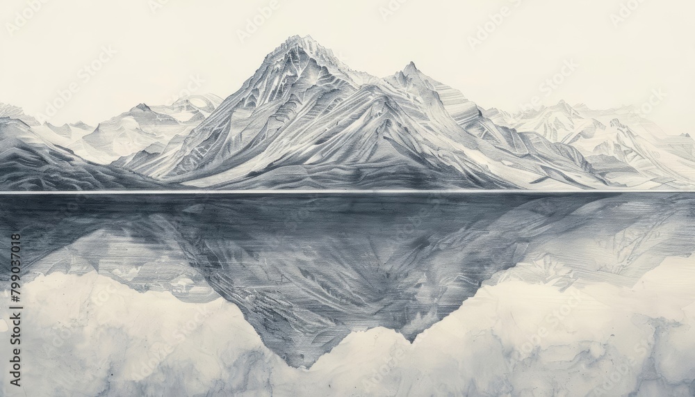 A panoramic drawing displays a serene mountain peak reflecting in the crystalclear waters below, pencil drawing draw concept