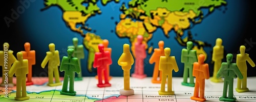 A group of plastic toy people of different colors are standing in front of a world map.
