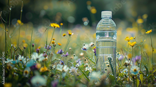 A water bottle stands amidst wildflowers, symbol of rejuvenation.