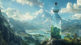 Breathtaking scenery envelops a water bottle, oasis of replenishment.