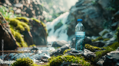 Breathtaking scenery envelops a water bottle  oasis of replenishment.