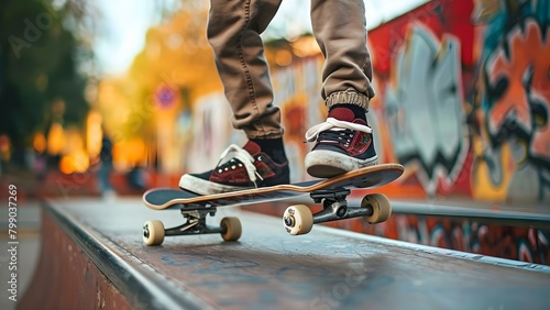 Teenagers having fun doing skateboard tricks at a skate park. Concept Skateboarding, Teenagers, Fun, Tricks, Skate Park