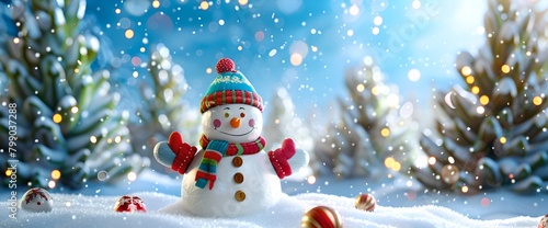 Joyful snowman in a winter wonderland with snowy trees backdrop. Festive seasonal scenery for holiday concepts. Vibrant, idyllic image perfect for cards. AI © Irina Ukrainets