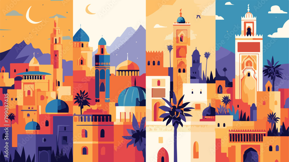 Morocco architecture cards set. Moroccan buildings