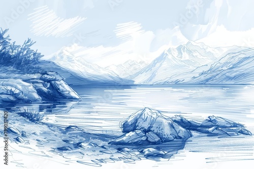 A sketch captures the peaceful flow of a mountain stream into the sea, symbolizing tranquility and the natural cycle of water, sketch draw concept