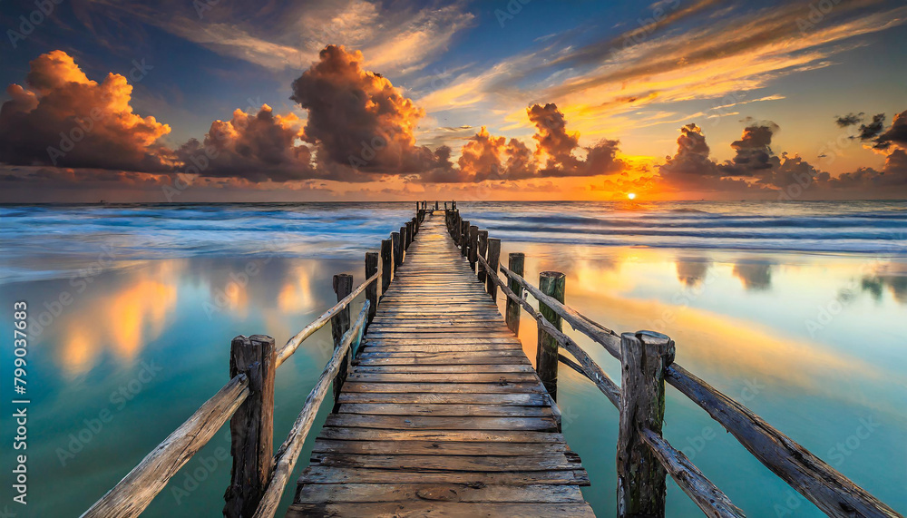 Beautiful landscape, old wooden pier on the beach in the afternoon. Natural scenery with clouds