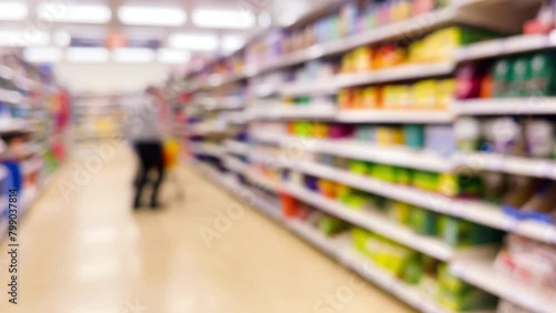 Wallpaper Mural Blurred supermarket aisles with various products on display, store interior as background. High quality 4k footage Torontodigital.ca