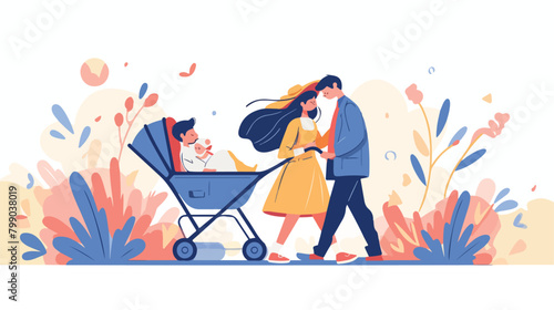 Mother and father with baby carriage flat vector il