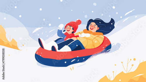 Mother and kid on snow tubing sliding down hill slo