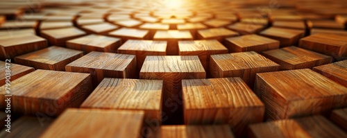 A sunburst pattern created from wooden blocks, each ray a different length and labeled with improvement strategies, centering on a core goal, space at the bottom for text