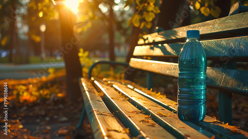 Vibrant sports drink bottle rests on sun-dappled bench, invigorating respite.