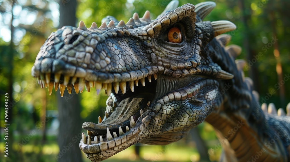 Creative big dinosaur toy of Jurassic period. Background summer nature green trees AI generated Creative big dinosaur toy of Jurassic period. Background summer nature green trees AI generated