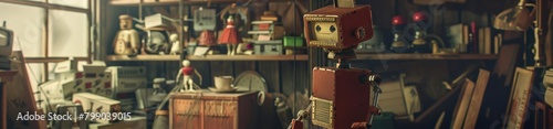 An old, wobbly wooden robot tries to learn ballet amidst a cluttered attic filled with antique toys, creating a poignant retro cartoon concept photo