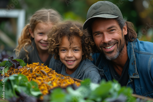 Man and two children smiling in garden by compost bins, fresh organic farm produce sustainability