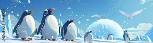 At the edge of the arctic, penguins ran a snowball industry, exporting perfectly round snow spheres for icy games and decorations Cartoon concept