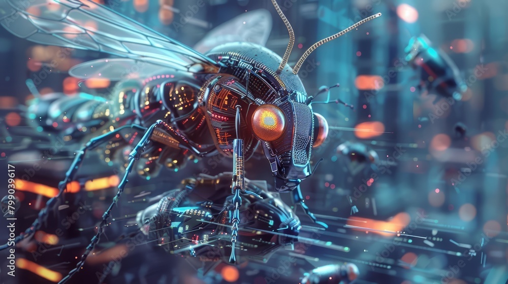 Cybernetic insects interface with nanotech environments, showcasing a seamless blend of biology and technology, encapsulated in a macro concept Cybernetic insects interface with nanotech environments, showcasing a seamless blend of biology and technology, encapsulated in a macro concept