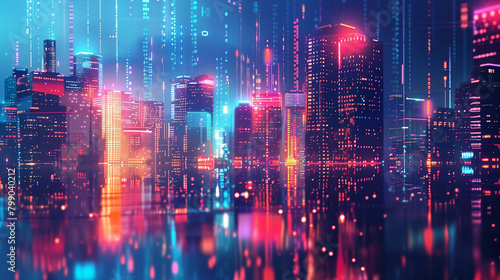 Abstract digital urban architecture  cityscape with glowing neon light and reflection. A modern hi-tech skyscraper scene with binary code. Sci-fi and futuristic technology background.