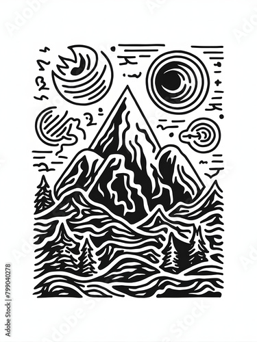 illustration of a symbol of the sun and mountain  hilly area  black and white illustration