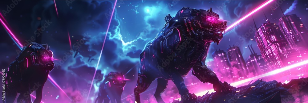 Holographic beasts prowl a neon galaxy, their eyes shimmering with cybernetic intelligence and the cold light of distant, digital suns, epitomizing a hightech concept Holographic beasts prowl a neon galaxy, their eyes shimmering with cybernetic intelligence and the cold light of distant, digital suns, epitomizing a hightech concept