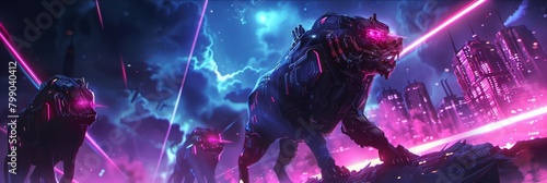 Holographic beasts prowl a neon galaxy, their eyes shimmering with cybernetic intelligence and the cold light of distant, digital suns, epitomizing a hightech concept photo