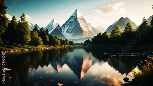 Illustrate a tranquil scene inspired by nature, with triangular elements resembling mountains, trees, and rivers, harmonizing to create a serene atmosphere photo