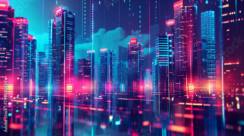 Abstract digital urban architecture  cityscape with glowing neon light and reflection. A modern hi-tech skyscraper scene with binary code. Sci-fi and futuristic technology background.