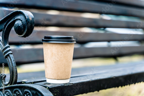 Paper cup of coffee drink to go take away on a park bench.