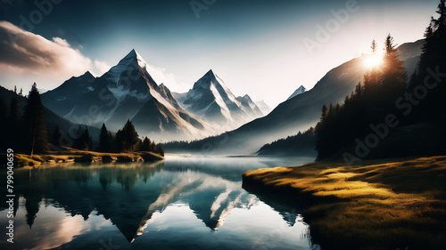 Illustrate a tranquil scene inspired by nature, with triangular elements resembling mountains, trees, and rivers, harmonizing to create a serene atmosphere