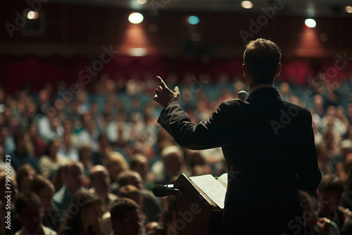 A charismatic leader delivering a motivational speech to a captivated audience. photo