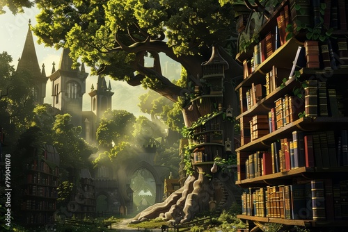 On the outskirts of a fairy tale city, enchanted trees grew books instead of leaves, fueling an evergreen industry for stories and knowledge Cartoon concept photo