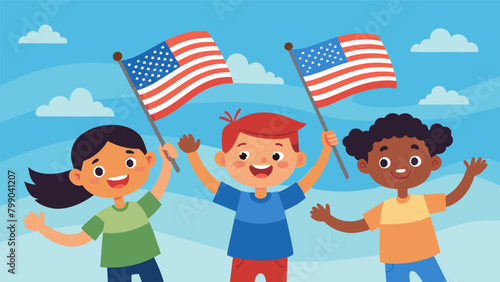 The sound of giggles and the sight of flying flags fill the air as these kids proudly wave their American flags in unison.. Vector illustration
