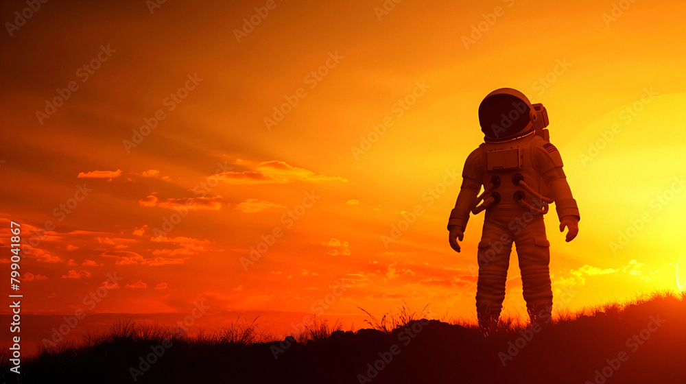 Astronaut gazes at Mars horizon, copy space