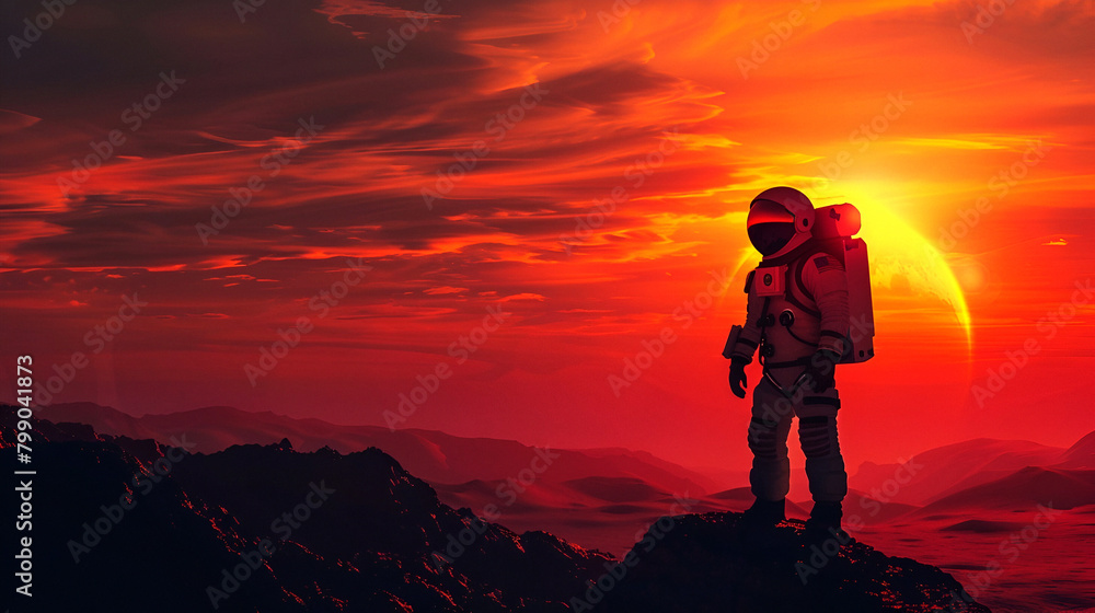 Solitary astronaut on Martian terrain, copy space