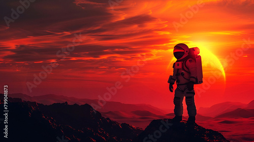 Solitary astronaut on Martian terrain  copy space