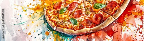 Wind tried to help by spreading the pizza aroma, but instead blew the toppings off, illustrated in a comedic bright water color style photo
