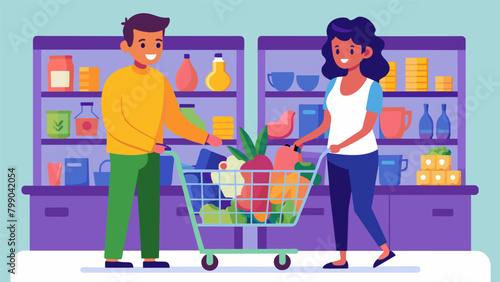 A couple in the grocery store confidently filling their cart with only the items needed for their weekly meal plan.