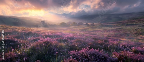 Moorland or Moor, Wuthering Heights, Heather Fields and Hills, Castle on Mountains, Copy Space