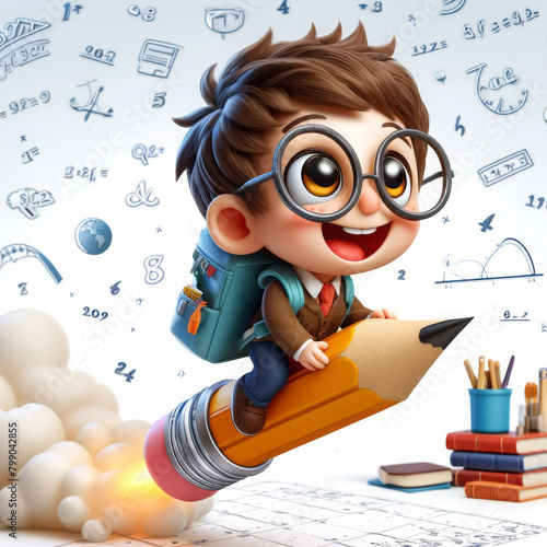 A cartoon of a young boy with oversized glasses riding a rocket-powered pencil, soaring through a sky of math symbols