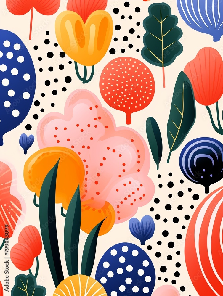 Abstract garden, polka dot accents, continuous pattern, vector art, solid base , flat graphic drawing Abstract garden, polka dot accents, continuous pattern, vector art, solid base , flat graphic drawing